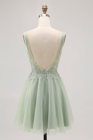 Backless A Line Green Homecoming Dress with Appliques